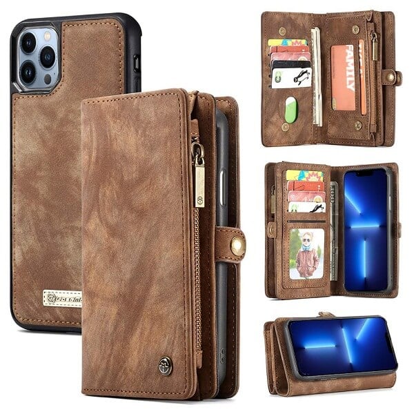 Apple iPhone 13 Pro Max Brown Detachable Pouch Wallet Flip Case Apple iPhone 13 Pro Max Brown Detachable Pouch Wallet Flip Case